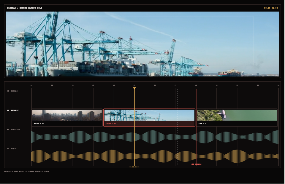 Detailed Halsion Video timeline with moving harbor, dock-crane, and pier footage linked to sound